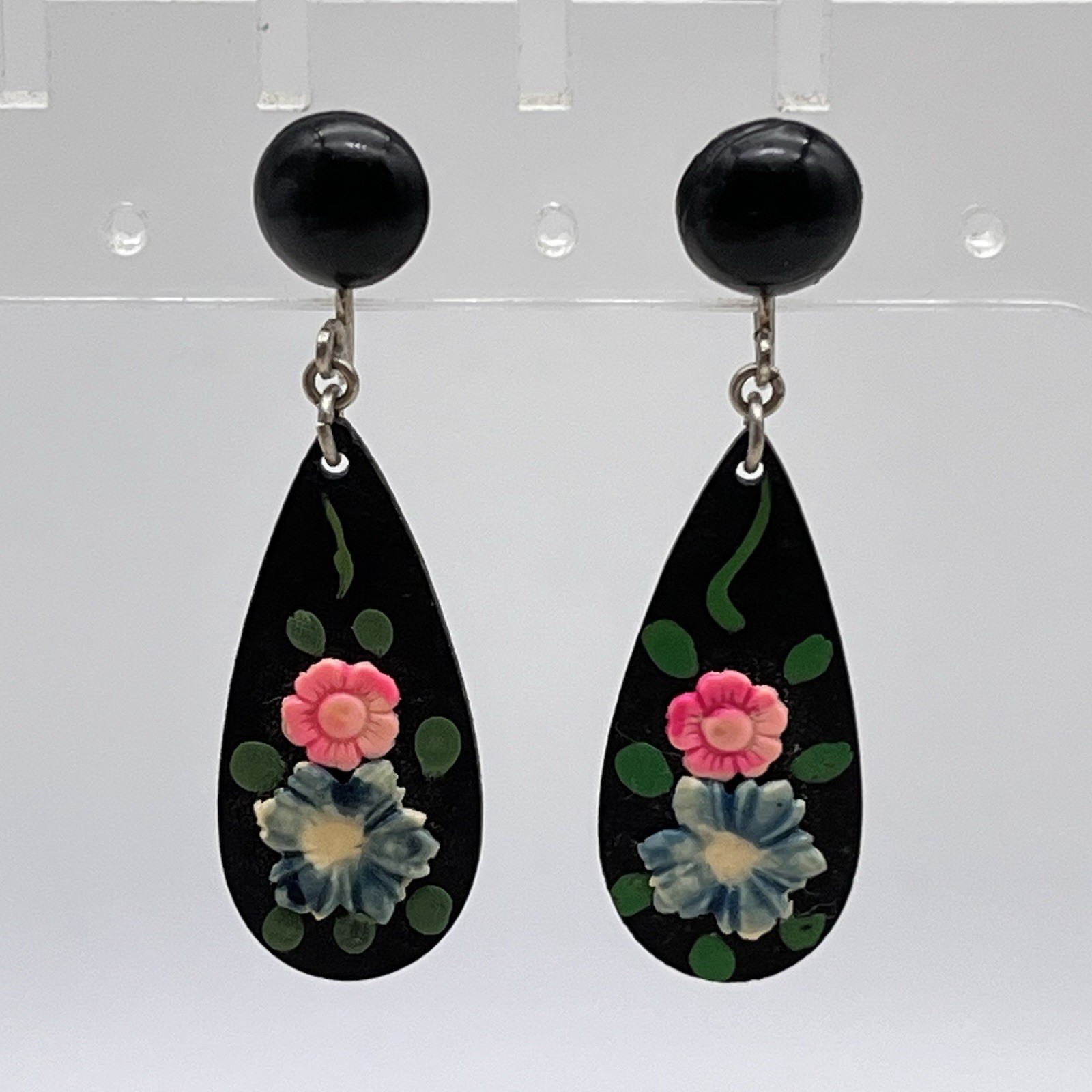Vintage Black Flower Earrings Tole Painted Floral Screw Backs Teardrop 1.5″