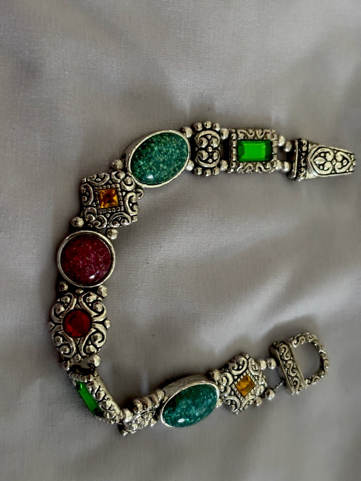 Victorian Revival Slide Charm Bracelet Colorful Confetti Glass Cabochons