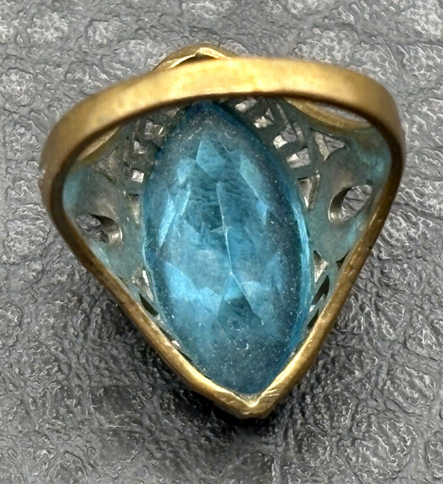 Vintage Marquise Blue Faux Topaz Glass Filigree Statement Ring Sz 5.5