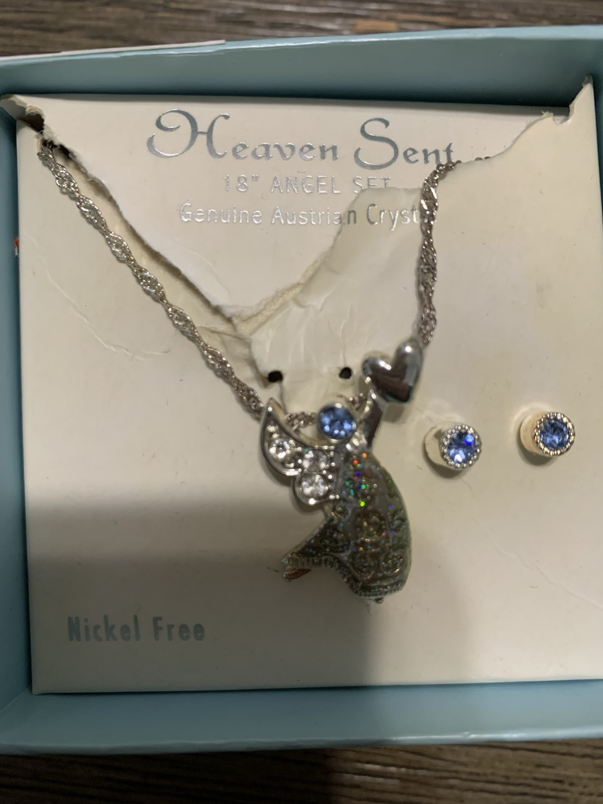 Austrian Crystal Jewelry Set Guardian Angel Necklace Pierced Earrings NIB