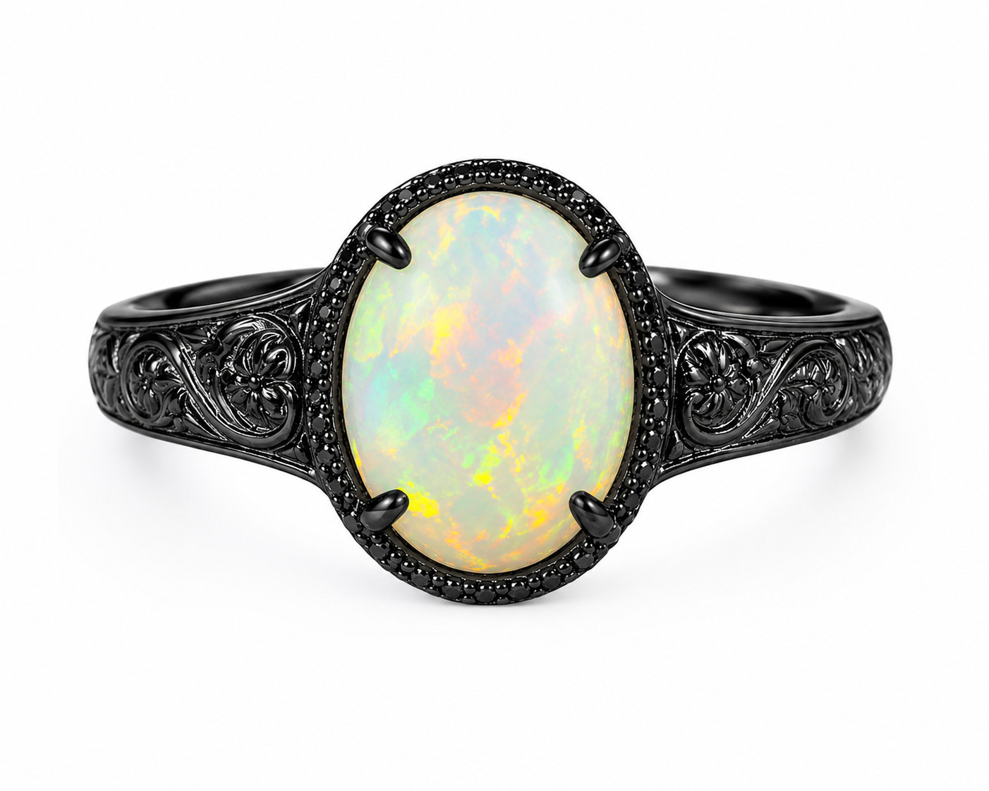 Vintage Ethiopian Opal Ring Black Rhodium Engraved Antique Style 925 Silver