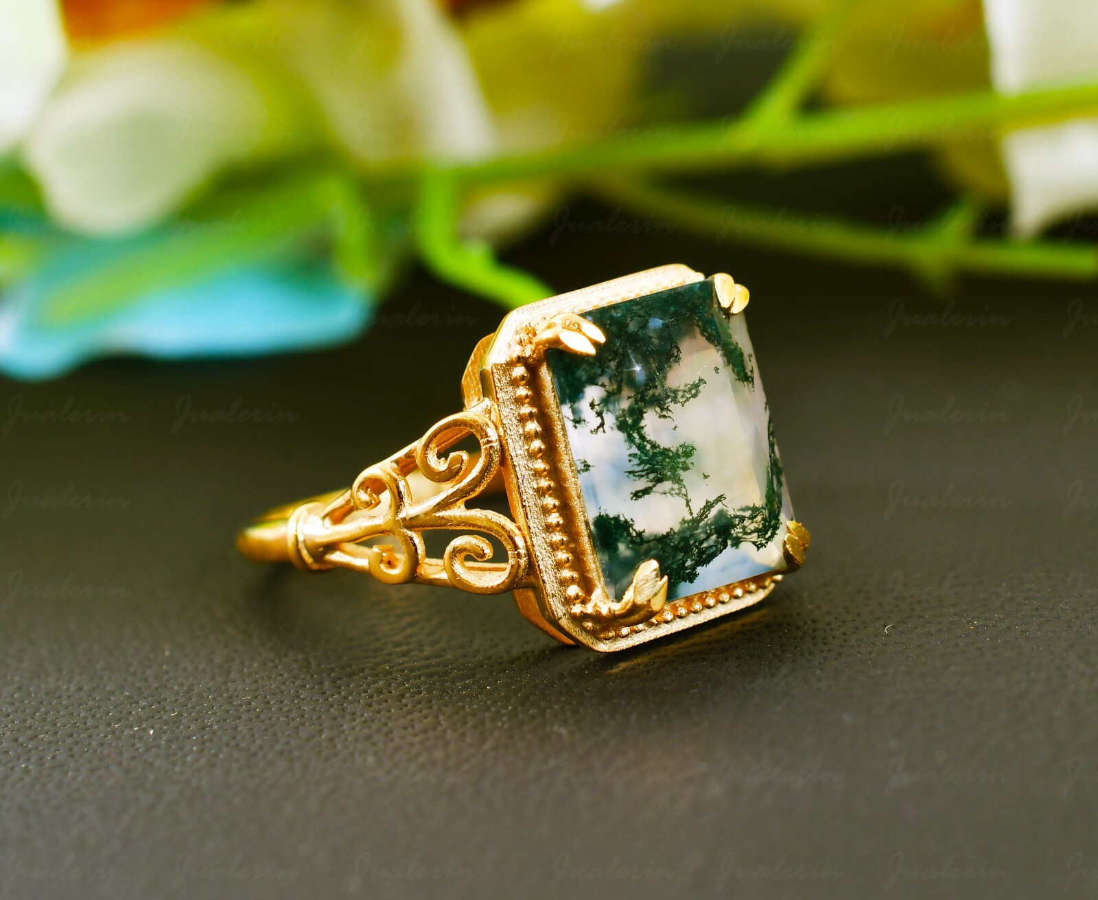 Unique Moss Agate Engagement Ring 14K Gold Plated Anniversary Gift For Her