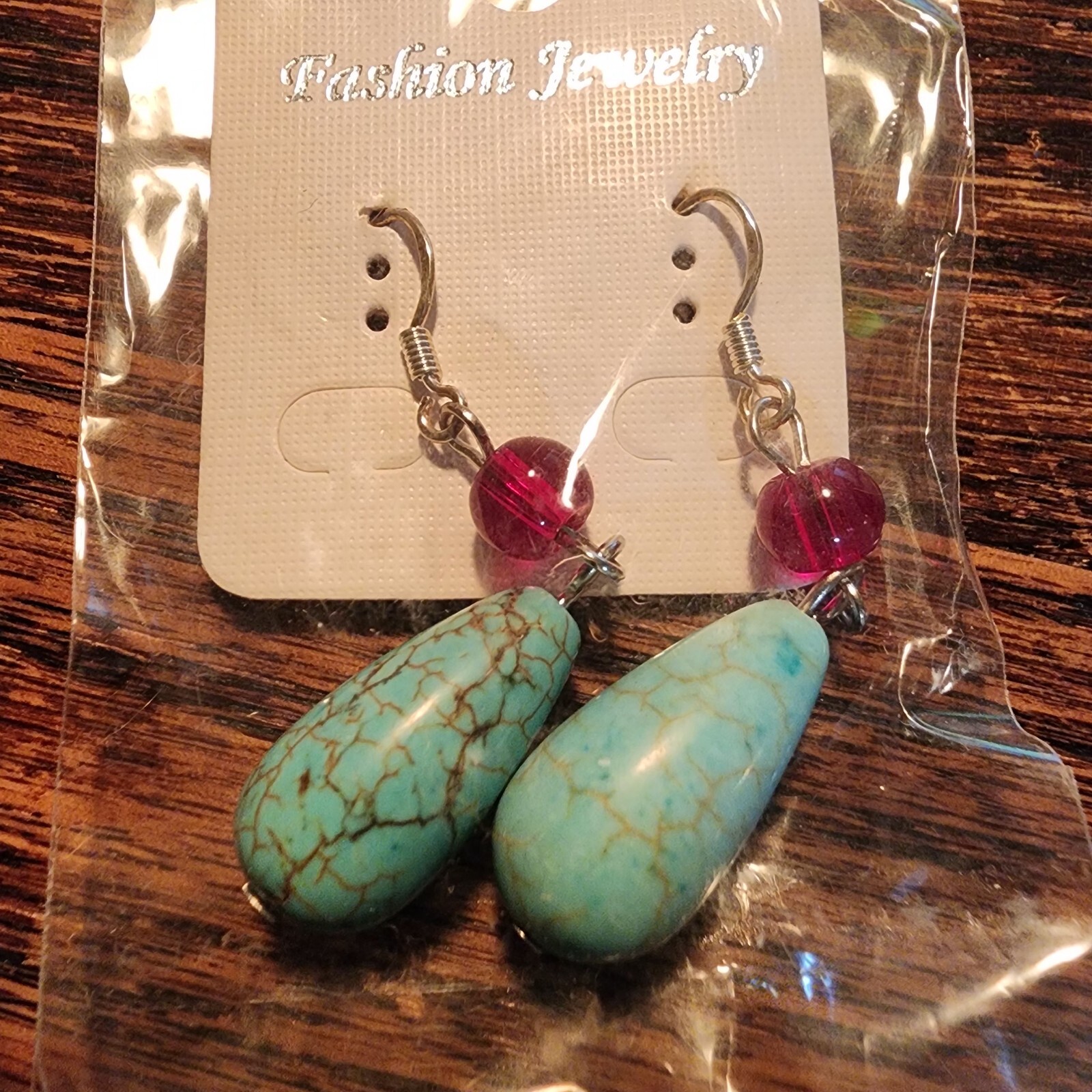 Fashion Jewelry Faux Turquoise Red Bead Dangle Earrings NOS