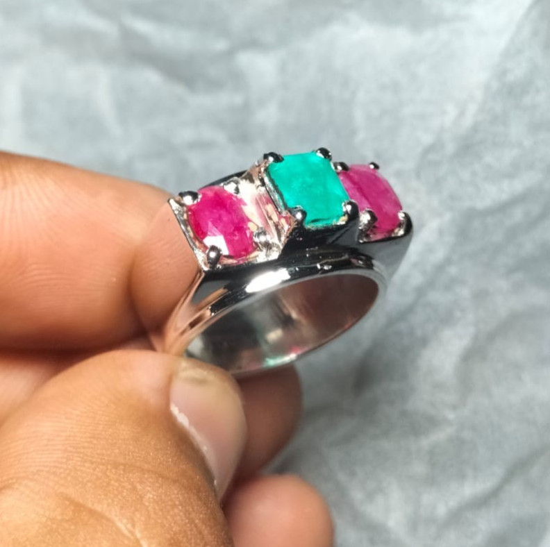 Natural Emerald Stone With Red Ruby Original Ruby Stones Ring Silver Band 925