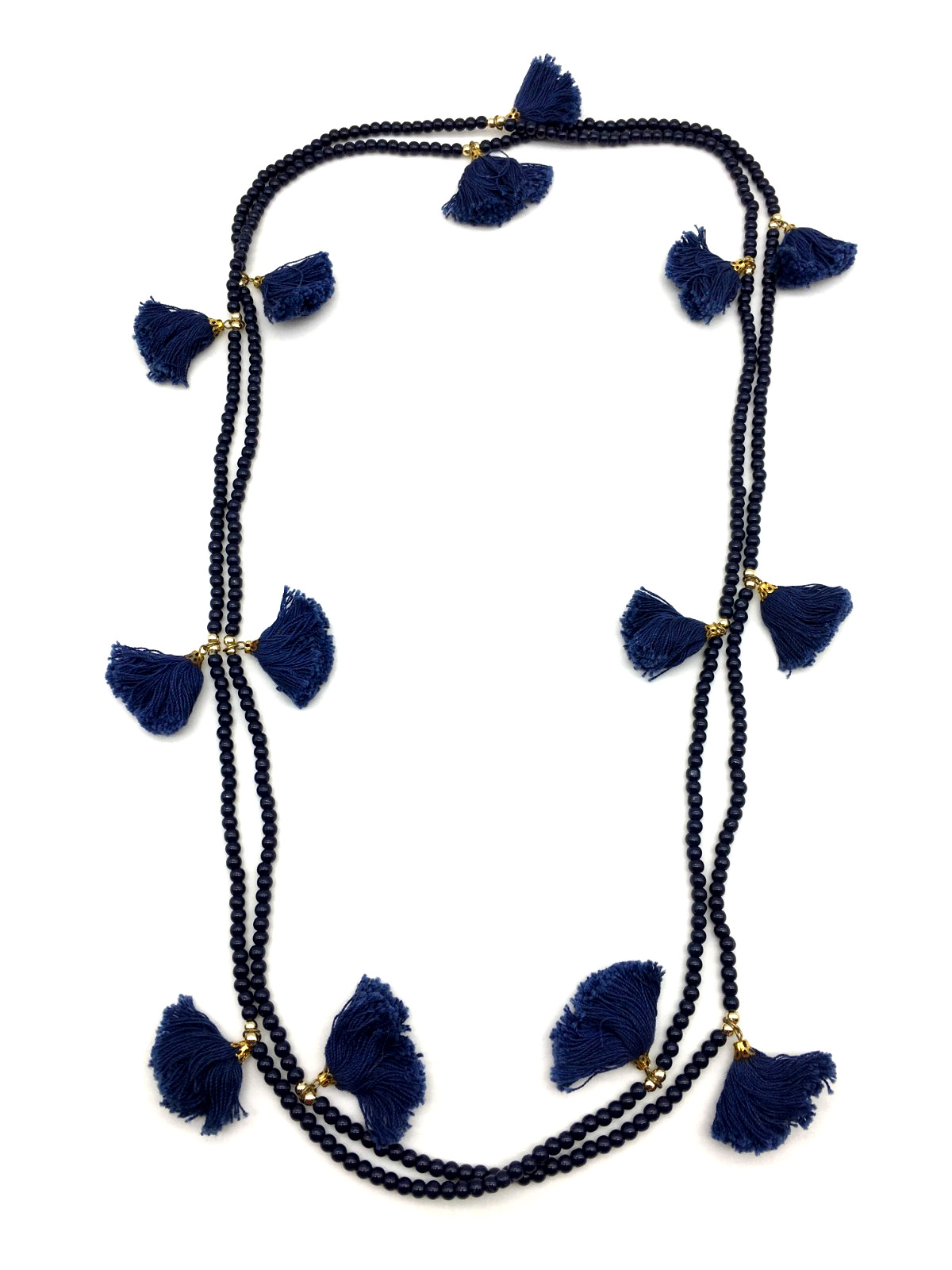 India Handmade Navy Glass Bead Cotton Thread Tassle GoldTone Spacer 80″ Necklace