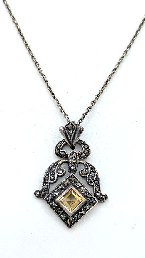 Vintage Pendant Necklace Sterling Silver Citrine Marcasite 18 Inch