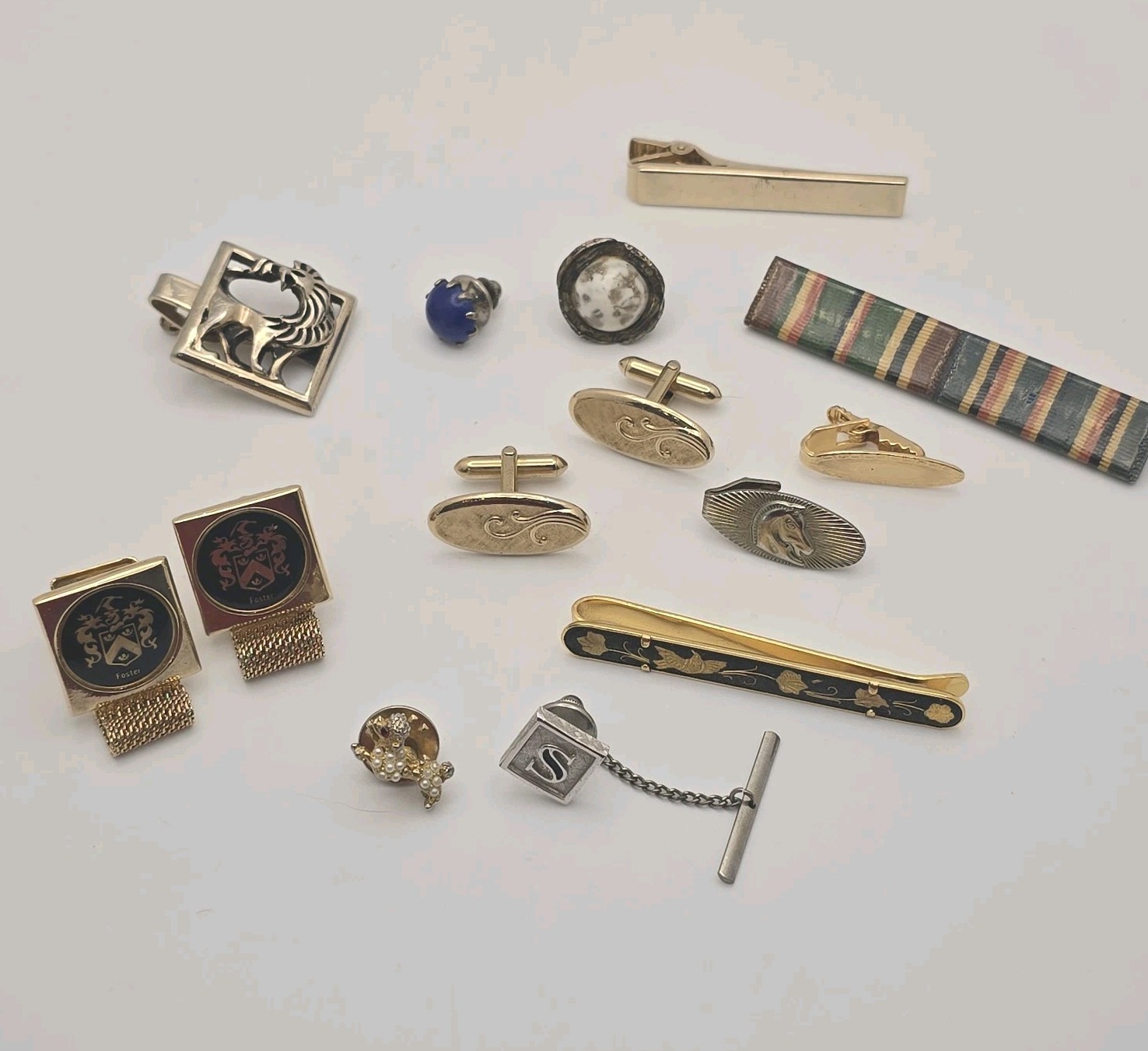Vtg Mens Estate Jewelry Lot Cufflinks Tie Bars Pin Lion Horse Poodle Some Signed