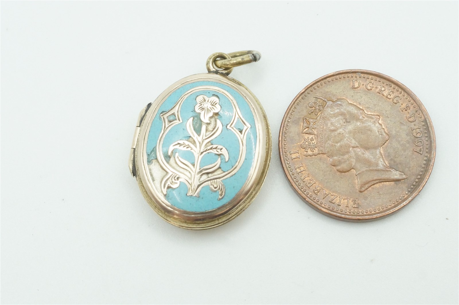 ANTIQUE ENGLISH 9K GOLD BACK & FRONT ENAMEL LOCKET PENDANT c1880