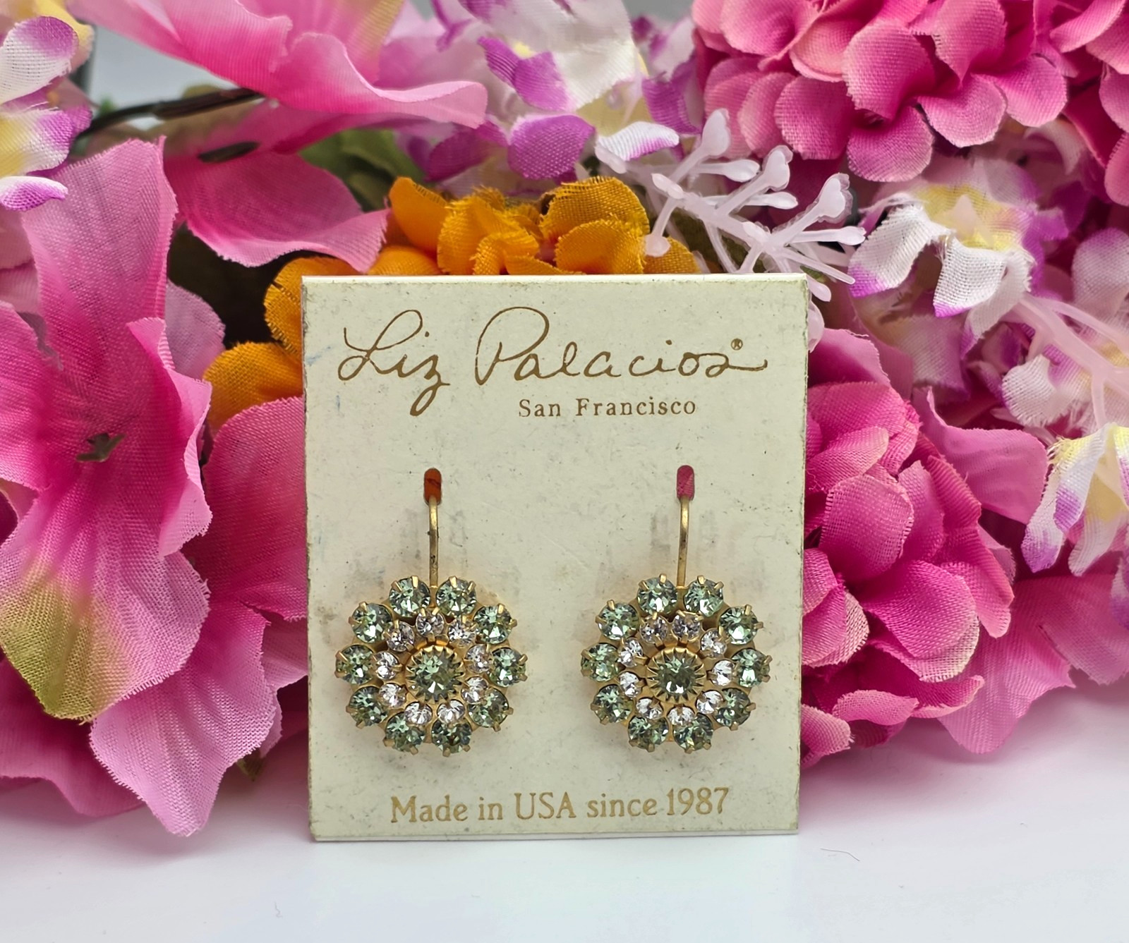 Liz Palacios Swarovski Crystal Earrings Gold Plated Brass Leverback NOS VTG 19mm