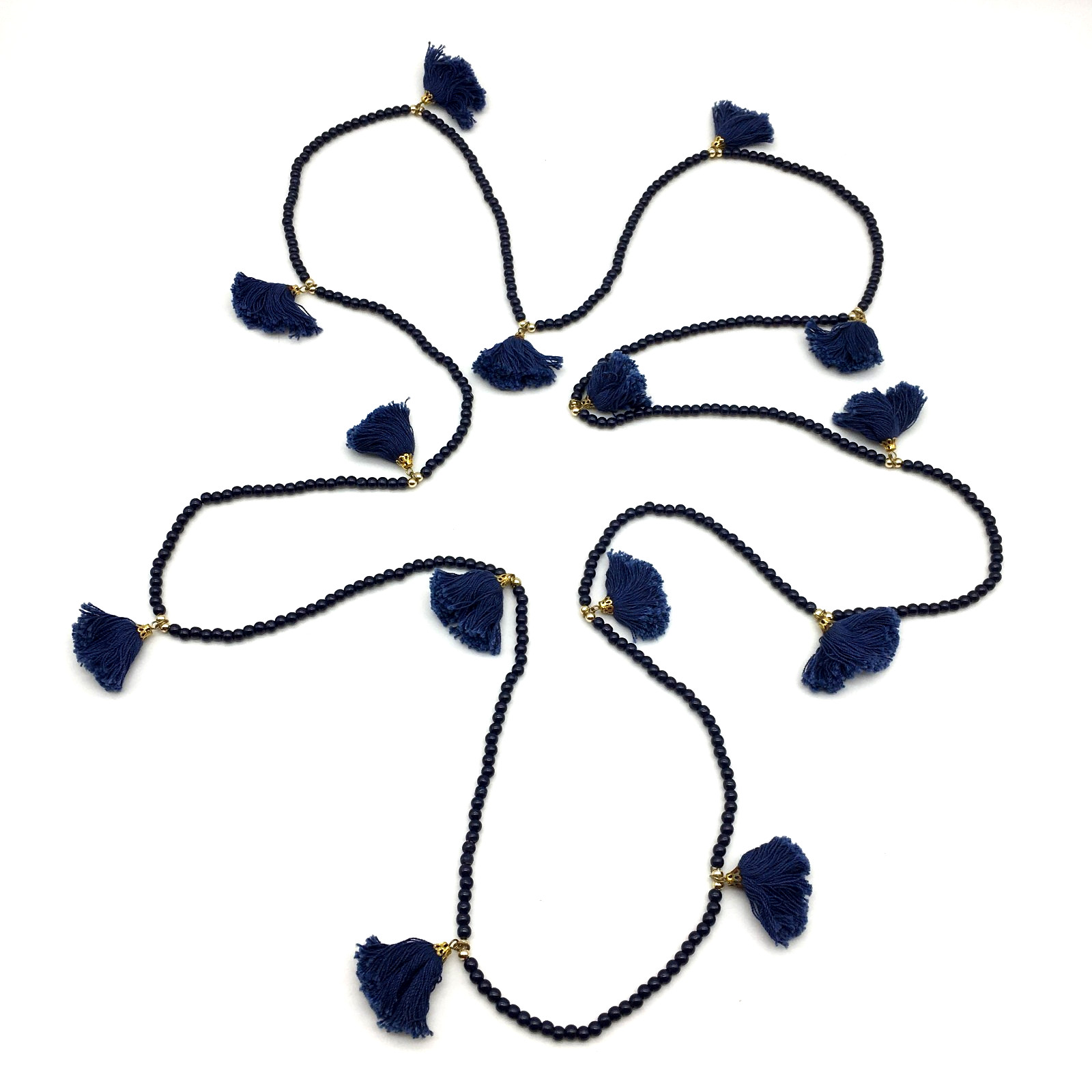 India Handmade Navy Glass Bead Cotton Thread Tassle GoldTone Spacer 80″ Necklace