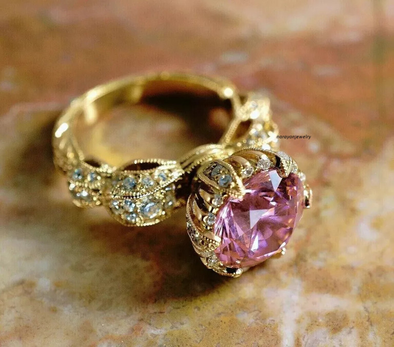 Edwardian Art Deco 3Ct Round Cut Pink Sapphire Women Ring 14K Yellow Gold Plated