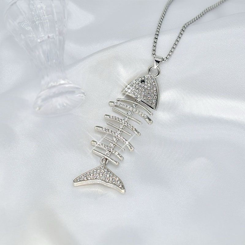 Large Vintage Rhinestone Fishbone Stainless steel Necklace