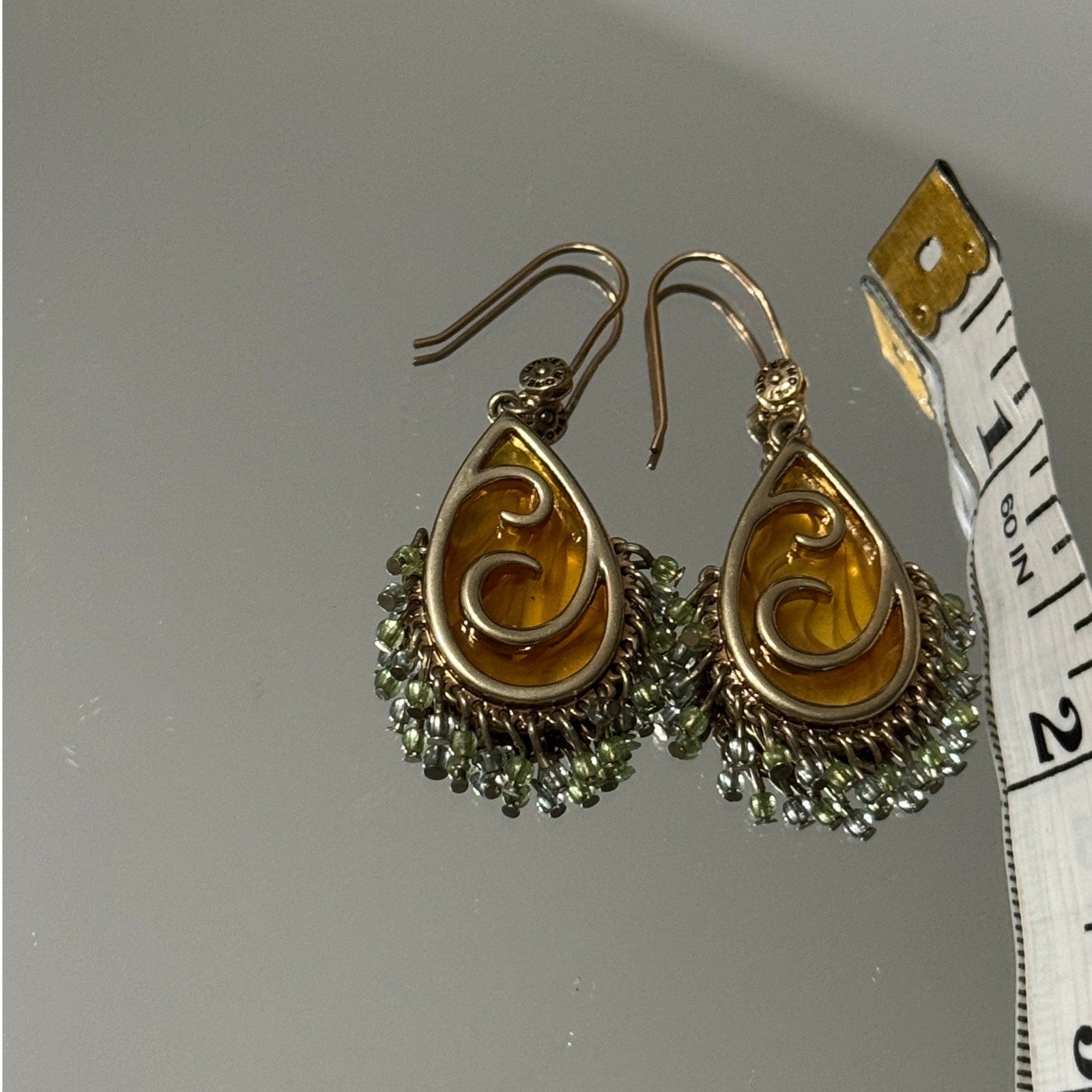 Monet Teardrop Amber Gold Tone Dangle Earrings Beaded Boho Vintage Chic