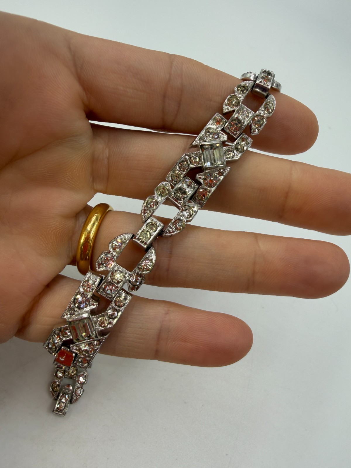 Vintage Bracelet Trifari Rhinestone Chain Pot Metal Silvertone DAMAGED PJ