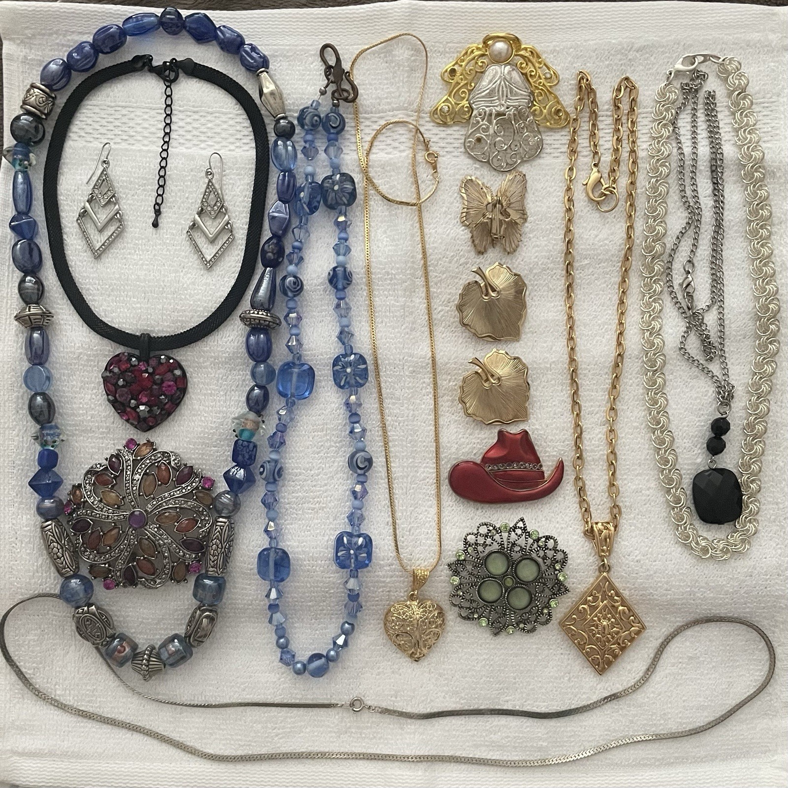 17pc Vintage Jewelry & Pin Lot Rhinestone Crystal Beads Gold-Silver Color Metal