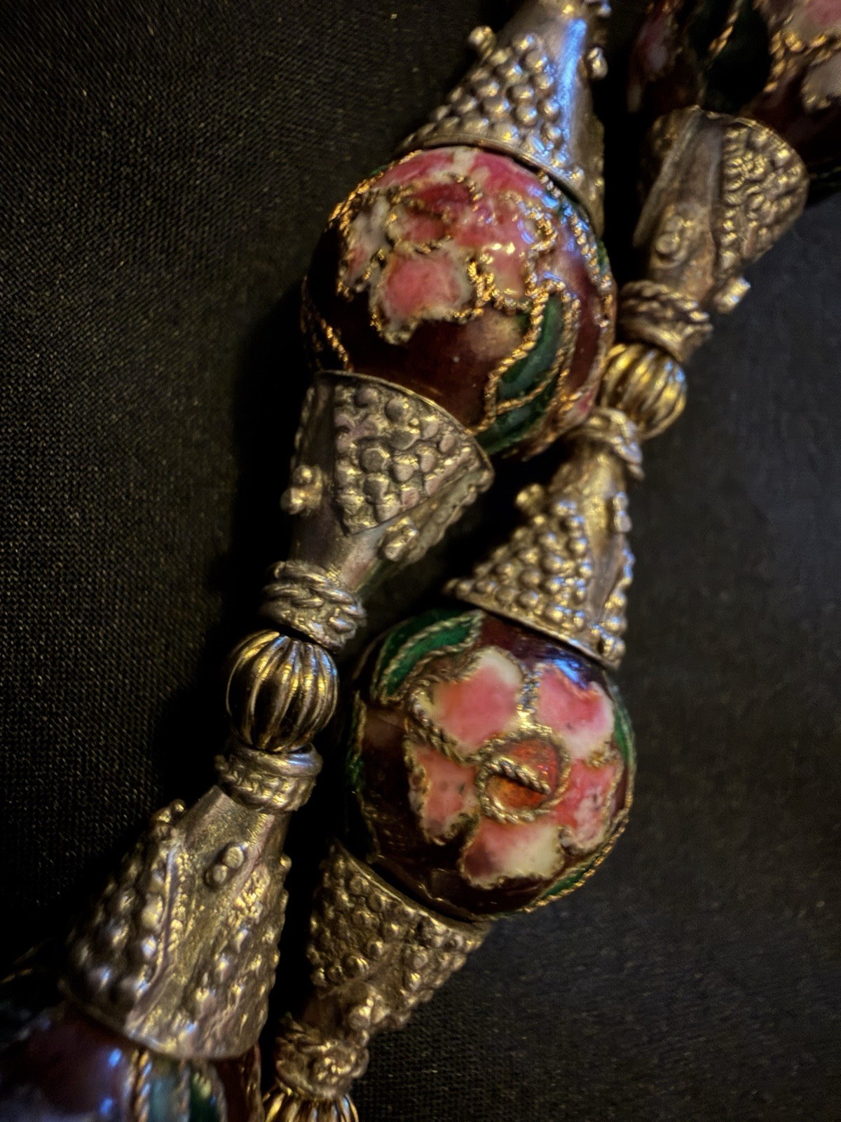Vintage Long Cloisonné Necklace Copper Based & Wire Pewter Binding 925 Clasp