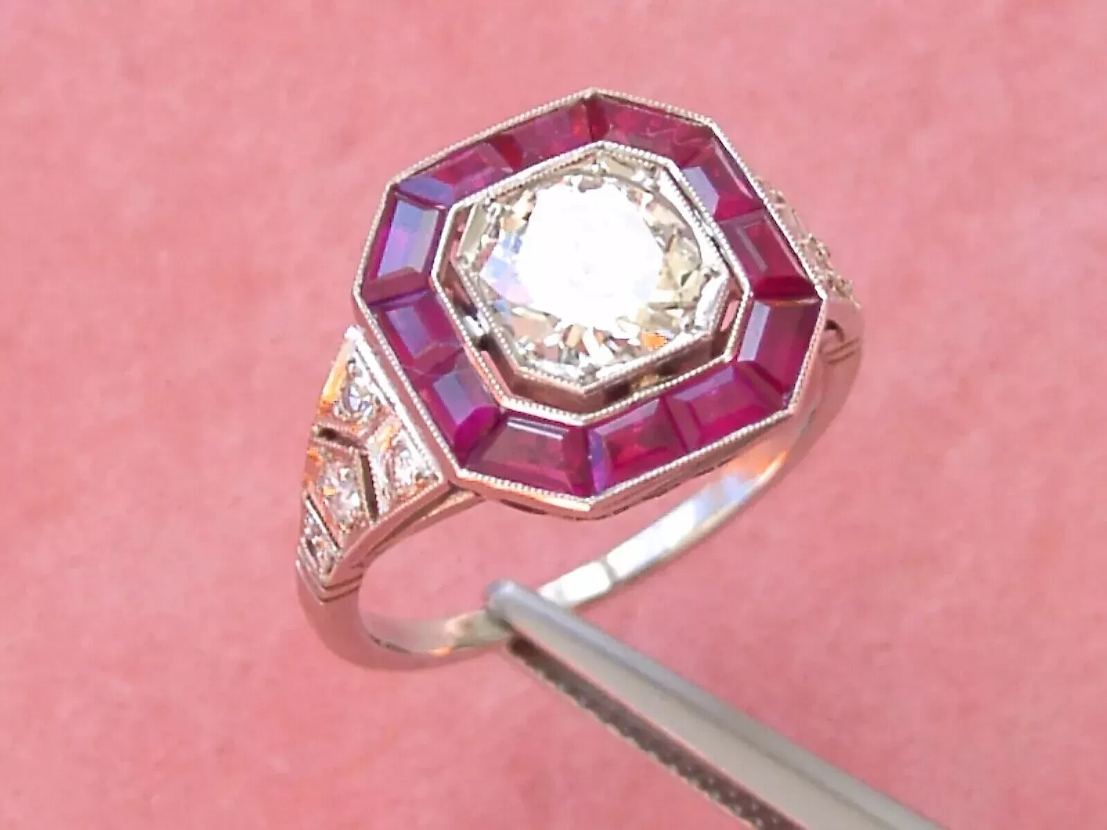 Art Deco Style 2Ct Lab-Created Diamond Ruby Halo Cocktail Ring 14k White Gold FN