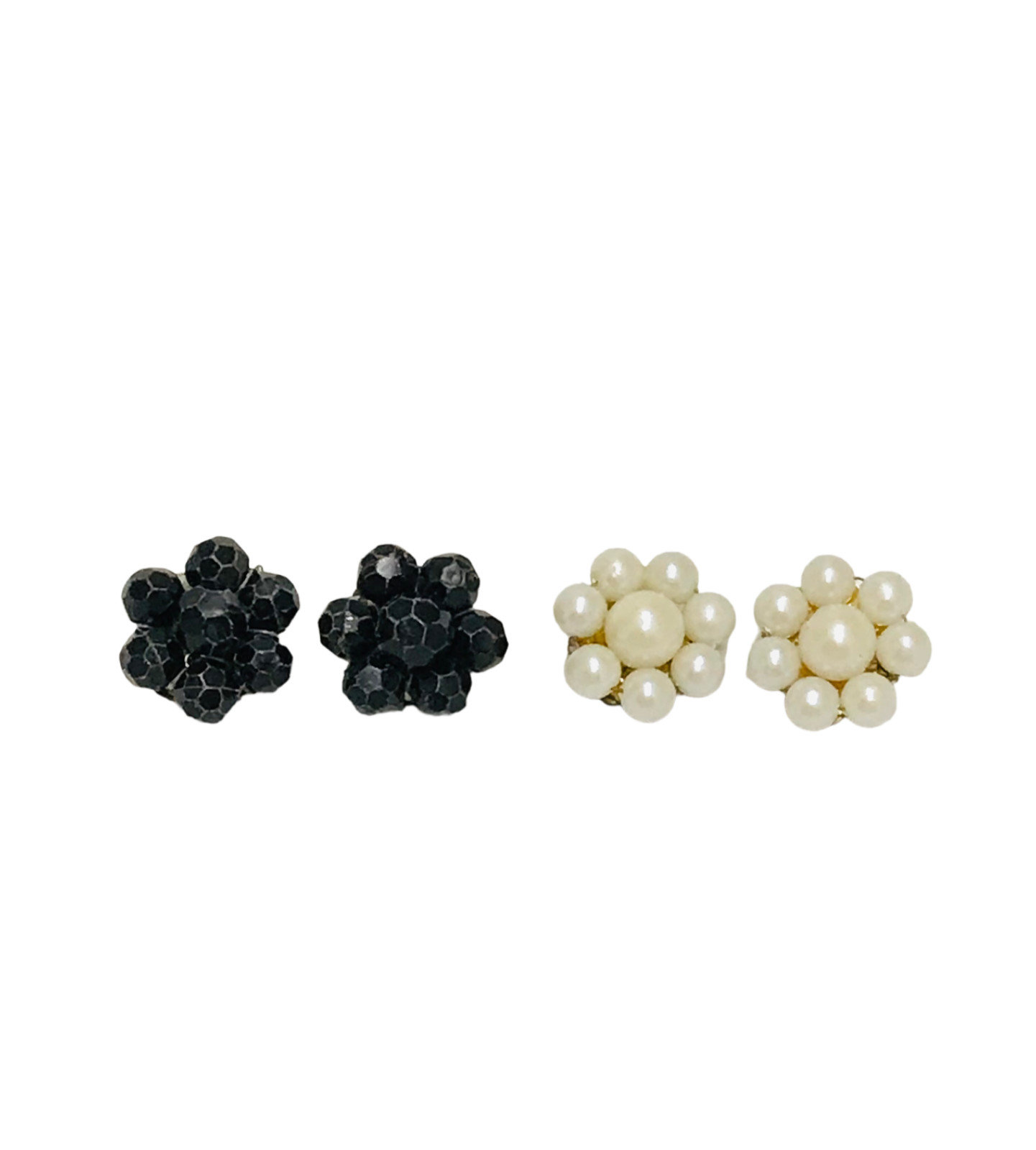 Vintage Hong Kong Japan Black Lucite Bead Cluster Clip On Earrings Black White