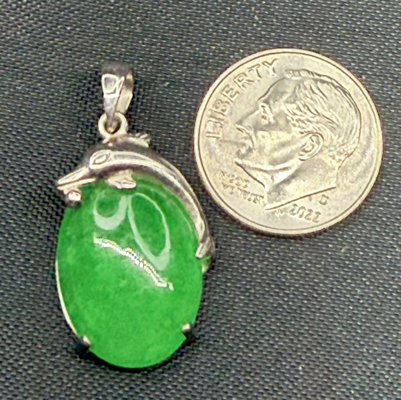 Vintage Dolphin Pendant Sterling 925 w/Green Jade Cabochon Oval